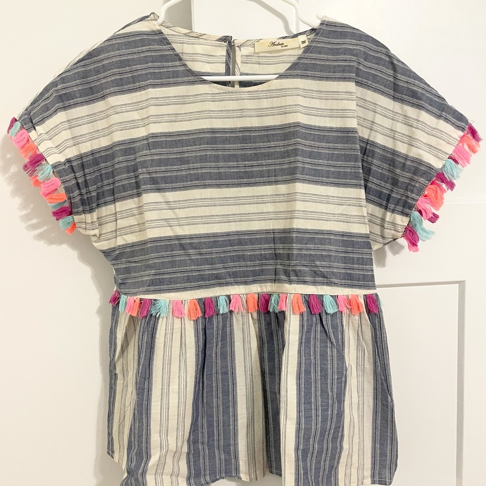Blue & White Top with Colorful Fringe MEDIUM